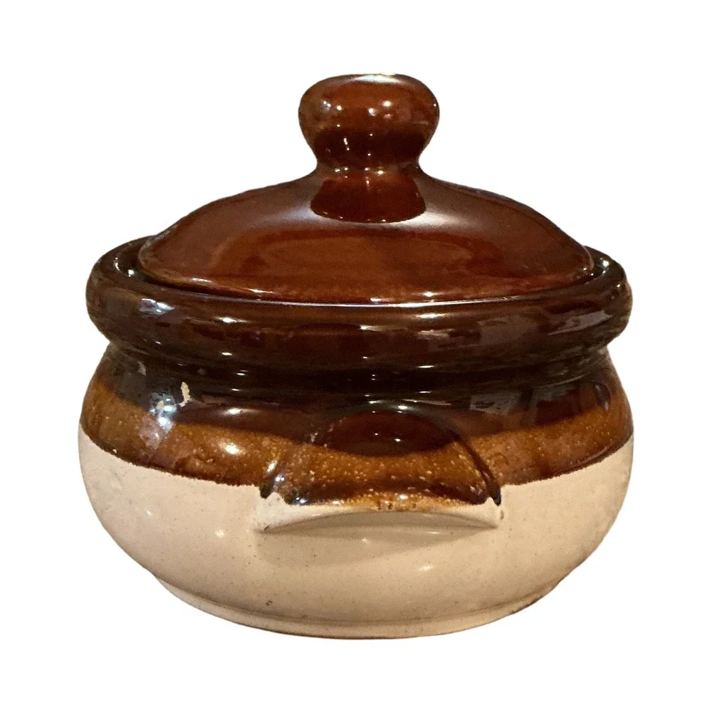 Gailstyn Taiwan Stoneware Bean Pot Two-Tone Brown Cream Glazed Lidded Crock 5x5